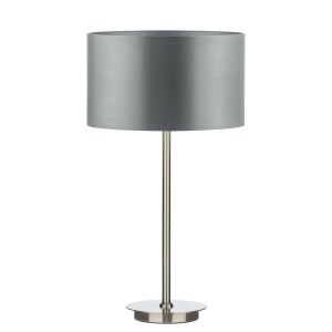 Tuscan 1 Light E27 Satin Chrome Table Lamp With Inline Switch C/W Hilda Grey Faux Silk 30cm Drum Shade