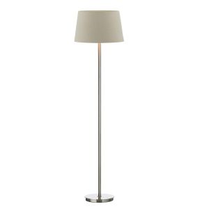 Tuscan 1 Light E27 Satin Chrome Floor Lamp With Foot Switch C/W Cezanne Taupe Faux Silk Tapered 40cm Drum Shade