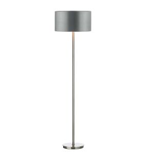Tuscan 1 Light E27 Satin Chrome Floor Lamp With Foot Switch C/W Hilda Grey Faux Silk 40cm Drum Shade