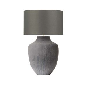 Udine 1 Light E27 Textured Grey Table Lamp With Inline Switch C/W Bokara Grey Faux Silk Satin 38cm Drum Shade