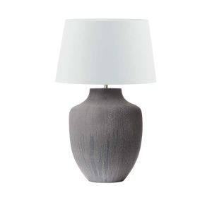 Udine 1 Light E27 Textured Grey Table Lamp With Inline Switch C/W Cezanne White Faux Silk Tapered 40cm Drum Shade