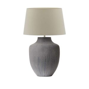 Udine 1 Light E27 Textured Grey Table Lamp With Inline Switch C/W Cezanne Taupe Faux Silk Tapered 40cm Drum Shade