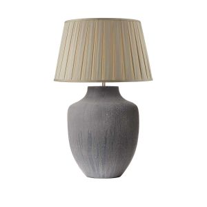 Udine 1 Light E27 Textured Grey Table Lamp With Inline Switch C/W Degas Taupe Faux Silk Tapered 40cm Drum Shade