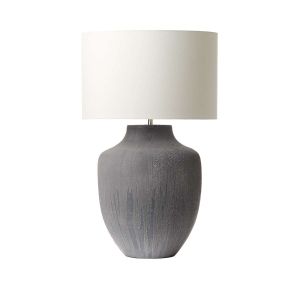 Udine 1 Light E27 Textured Grey Table Lamp With Inline Switch C/W Gift White Cotton 38cm Drum Shade