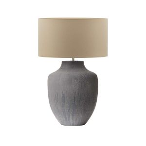 Udine 1 Light E27 Textured Grey Table Lamp With Inline Switch C/W Hilda Taupe Faux Silk 40cm Drum Shade