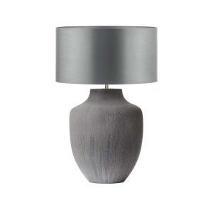 Udine 1 Light E27 Textured Grey Table Lamp With Inline Switch C/W Hilda Grey Faux Silk 40cm Drum Shade
