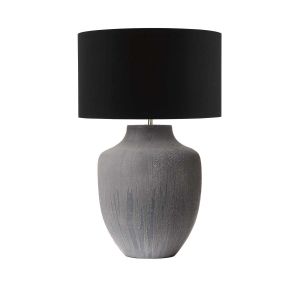 Udine 1 Light E27 Textured Grey Table Lamp With Inline Switch C/W Sword Black Cotton 40cm Drum Shade