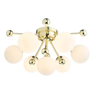 Ursa 7 Light G9 Gold Flush Ceiling Light With Opal White Glass Globes