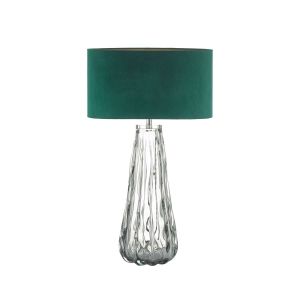 Vezzano 1 Light E27 Smoked Glass Table Lamp With Inline Dwitch C/W Akavia Green Velvet Drum Shade With Self Coloured Cotton Lining