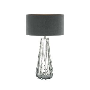 Vezzano 1 Light E27 Smoked Glass Table Lamp With Inline Dwitch C/W Akavia Grey Velvet Drum Shade With Self Coloured Cotton Lining