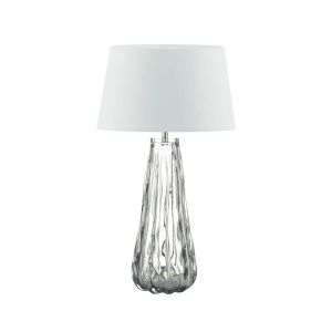 Vezzano 1 Light E27 Smoked Glass Table Lamp With Inline Dwitch C/W Cezanne White Faux Silk Tapered 35cm Drum Shade