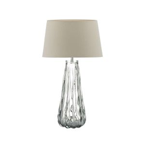 Vezzano 1 Light E27 Smoked Glass Table Lamp With Inline Dwitch C/W Cezanne Taupe Faux Silk Tapered 35cm Drum Shade