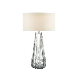 Vezzano 1 Light E27 Smoked Glass Table Lamp With Inline Dwitch C/W Pyramid White Linen 35cm Drum Shade