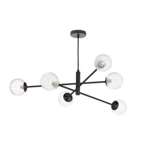 Vignette 6 Light G9 Matt Black Adjustable Pendant Ceiling C/W Clear Twisted Style Closed Glass Shade