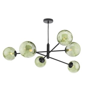 Vignette 6 Light G9 Matt Black Adjustable Pendant Ceiling C/W Green Dimpled Glass Shades