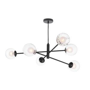 Vignette 6 Light G9 Matt Black Adjustable Pendant Ceiling C/W 12cm Opal & Clear Ribbed Glass Shades