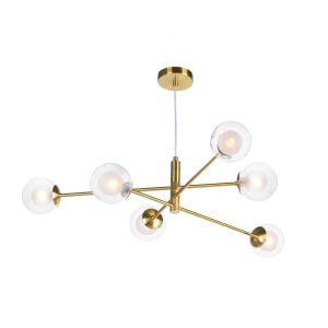 Vignette 6 Light G9 Aged Brass Adjustable Pendant Ceiling C/W Clear & Opal Glass Shade