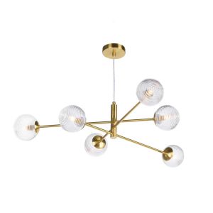 Vignette 6 Light G9 Aged Brass Adjustable Pendant Ceiling C/W Clear Ribbed Glass Shades