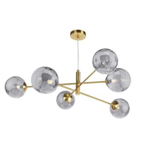 Vignette 6 Light G9 Aged Brass Adjustable Pendant Ceiling C/W Smoked Dimpled Glass Shades