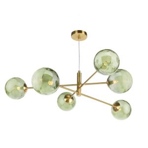 Vignette 6 Light G9 Aged Brass Adjustable Pendant Ceiling C/W Green Dimpled Glass Shades