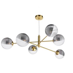 Vignette 6 Light G9 Aged Brass Adjustable Pendant Ceiling C/W 15cm Smoked & Clear Ribbed Glass Shades