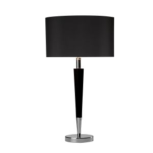 Viking 1 Light E27 Polished Chrome Table Lamp With Black Ribbed Wood Base With Inline Switch C/W Black Linen Drum Shade
