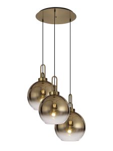 Vista Round 3 Light Pendant With 30cm Globe Glass, Brass Gold/Matt Black Brass Gold/Clear