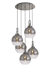 Vista Round 5 Light Pendant With 30cm Globe Glass, Polished Nickel/Matt Black Smoked/Clear