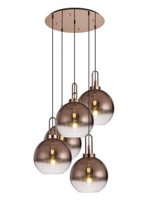 Vista Round 5 Light Pendant With 30cm Globe Glass, Copper/Matt Black Copper/Clear