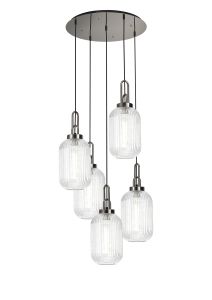 Vista Round 5 Light Pendant With 20cm Tubular Ribbed Glass, Polished Nickel/Matt Black Clear