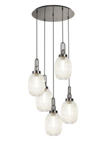 Vista Round 5 Light Pendant With 20cm Almond Ribbed Glass, Polished Nickel/Matt Black Champagne