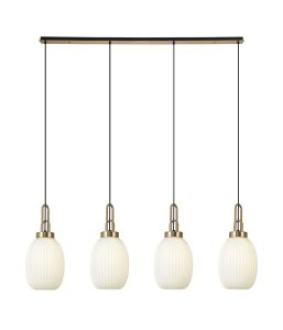 Vista Linear 4 Light Pendant With 20cm Almond Ribbed Glass, Brass Gold/Matt Black Opal