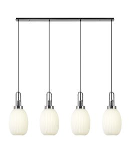 Vista Linear 4 Light Pendant With 20cm Almond Ribbed Glass, Polished Nickel/Matt Black Opal