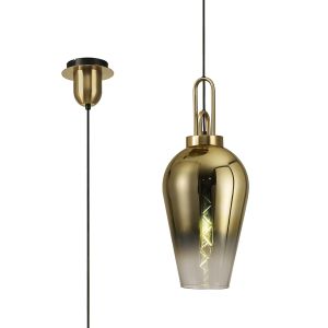Vista 1 Light Pendant E27 With 23cm Pear Glass, Brass Gold/Matt Black/Clear