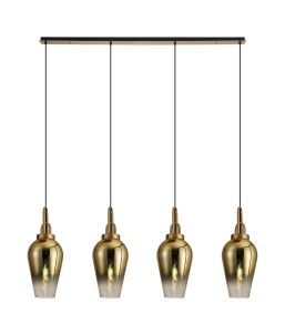 Vista Linear 4 Light Pendant E27 With 23cm Pear Glass, Brass Gold/Clear Brass Gold/Matt Black