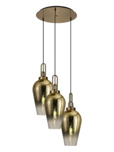 Vista Round 3 Light Pendant With 23cm Pear Glass, Brass Gold/Matt Black Brass Gold/Clear