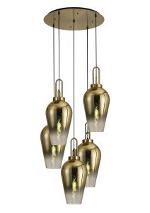 Vista Round 5 Light Pendant With 23cm Pear Glass, Brass Gold/Matt Black Brass Gold/Clear