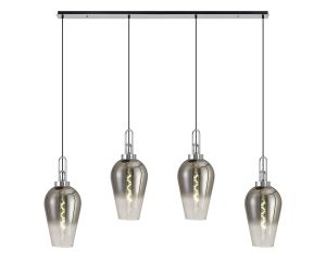 Vista Linear 4 Light Pendant E27 With 23cm Pear Glass, Smoked/Clear Polished Nickel/Matt Black