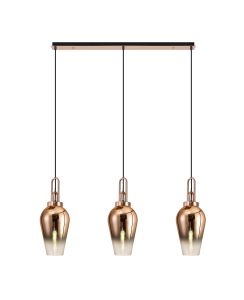 Vista Linear 3 Light Pendant E27 With 23cm Pear Glass, Copper/Clear Copper/Matt Black