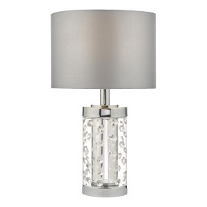 Yakinsale 1 Light E27 Polished Chrome Small Table Lamp With Crystal Beads Complete With Inline Switch C/W With Grey Faux Silk Shade
