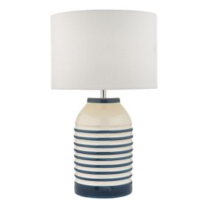 Zabe 1 Light E27 White & Blue Ribbed Ceramic Table Lamp With Inline Switch C/W Ivory Linen Shade