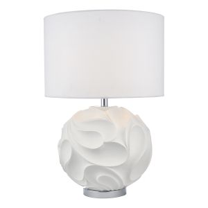 Zachary 1 Light E27 White Sculptured Round Table Lamp With Inline Switch C/W White Linen Oval Shade