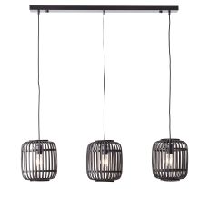 Mathias 3 Light E27 Matt Black Adjustable Linear Pendant With Dark Stained Open Framework Shade