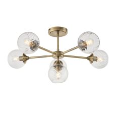 Allegra 6 Light E14 Antique Brass Semi Flush Ceiling Light With Clear Spiral Patterened Glass Shades