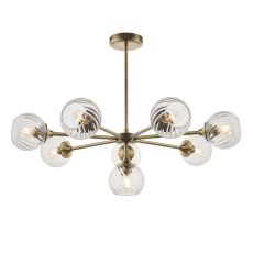 Allegra 8 Light E14 Antique Brass Adjustable Pendant With Clear Spiral Patterened Glass Shades