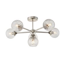 Allegra 6 Light E14 Polished Nickel Semi Flush Ceiling Light With Clear Spiral Patterened Glass Shades
