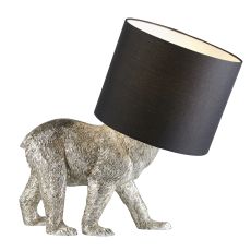 Barack Bear 1 Light E27 Vintage Silver Painted Table Lamp With Inline Switch C/W Black Fabric Shade