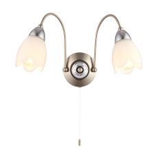 Petal 2 Light E14 Chrome & Satin Chrome Wall Light With Pull Cord Switch C/W Matt Opal Glass Shades