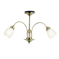 Petal 3 Light E14 Antique Brass Semi Flush Fitting C/W Matt Opal Glass Shades