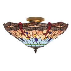 Dragonfly - 1 Light S/Flush Ceiling, Antique Brass, Tiffany Glass